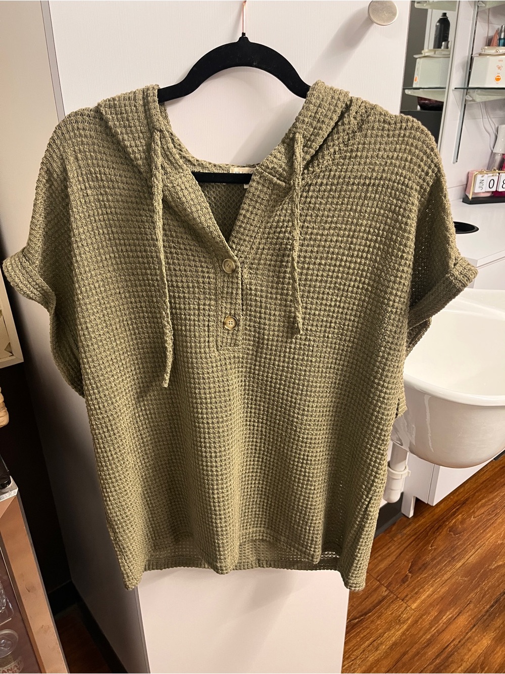 Olive Hooded Waffle-Knit Short Sleeve Top